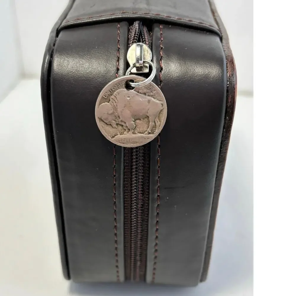 Mini travel jewelry box hand cut tooled leather Buffalo nickel brown blue
